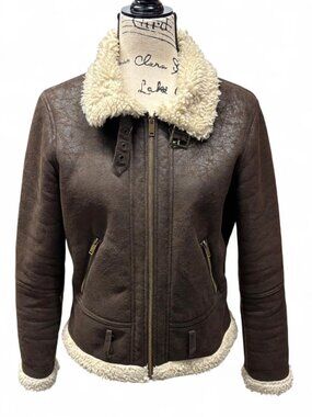 Brown Distressed Faux Leather Sherpa Collar Aviator Jacket Size M